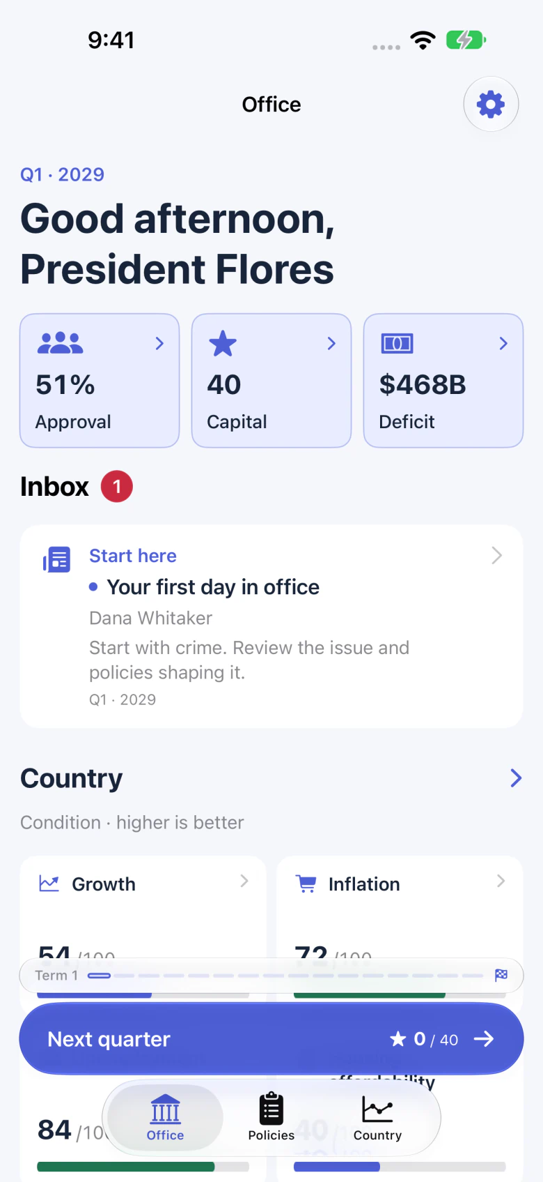 Republic's Office screen: approval, political capital and the deficit, with an inbox and country conditions.